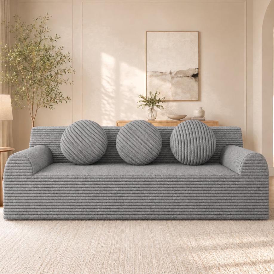 SESSLIFE 3 Seater Sofa Couch, Comfy Extra Deep Seat Cloud Couch with 3 Pillows and Side Pockets, Corduroy Low Profile Floor Sofa for Living Room, Compact No Assembly Couch, Light Grey