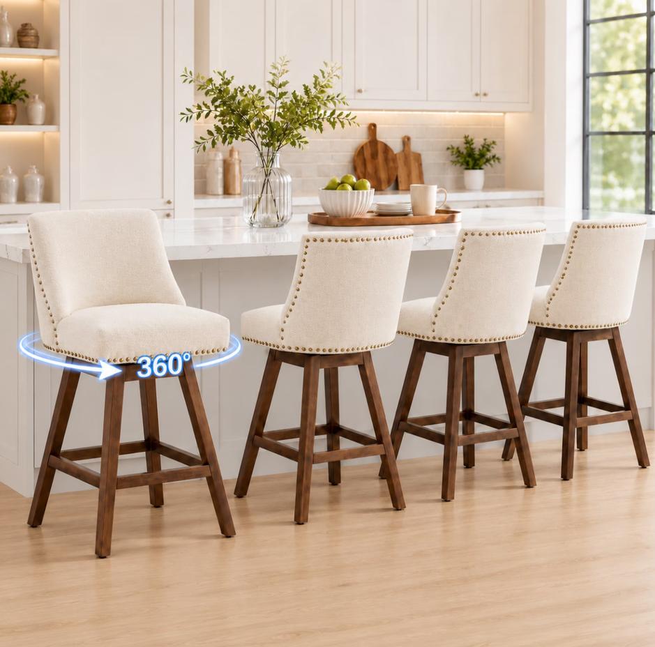 SESSLIFE Swivel Bar Stools Set of 4, 26" Counter Height Upholstered Bar Stools with Back, Bar Chairs with Solid Wood Legs for Kitchen Island Dining Room Home, Beige
