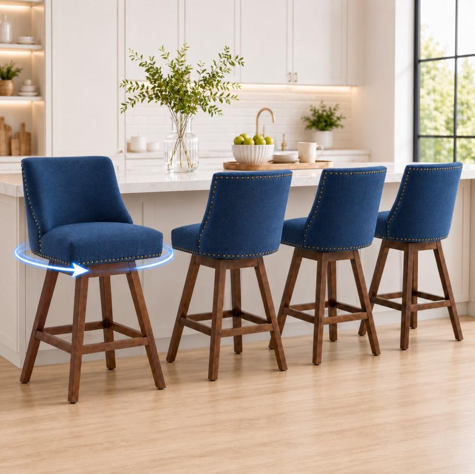SESSLIFE Swivel Bar Stools Set of 4, 26" Counter Height Upholstered Bar Stools with Back, Bar Chairs with Solid Wood Legs for Kitchen Island Dining Room Home, Beige