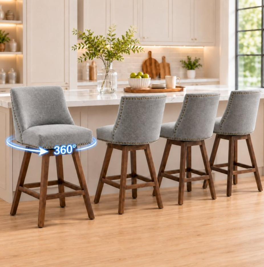 SESSLIFE Swivel Bar Stools Set of 4, 26" Counter Height Upholstered Bar Stools with Back, Bar Chairs with Solid Wood Legs for Kitchen Island Dining Room Home, Beige