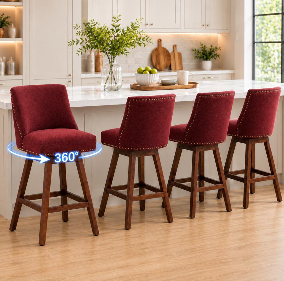 SESSLIFE Swivel Bar Stools Set of 4, 26" Counter Height Upholstered Bar Stools with Back, Bar Chairs with Solid Wood Legs for Kitchen Island Dining Room Home, Beige