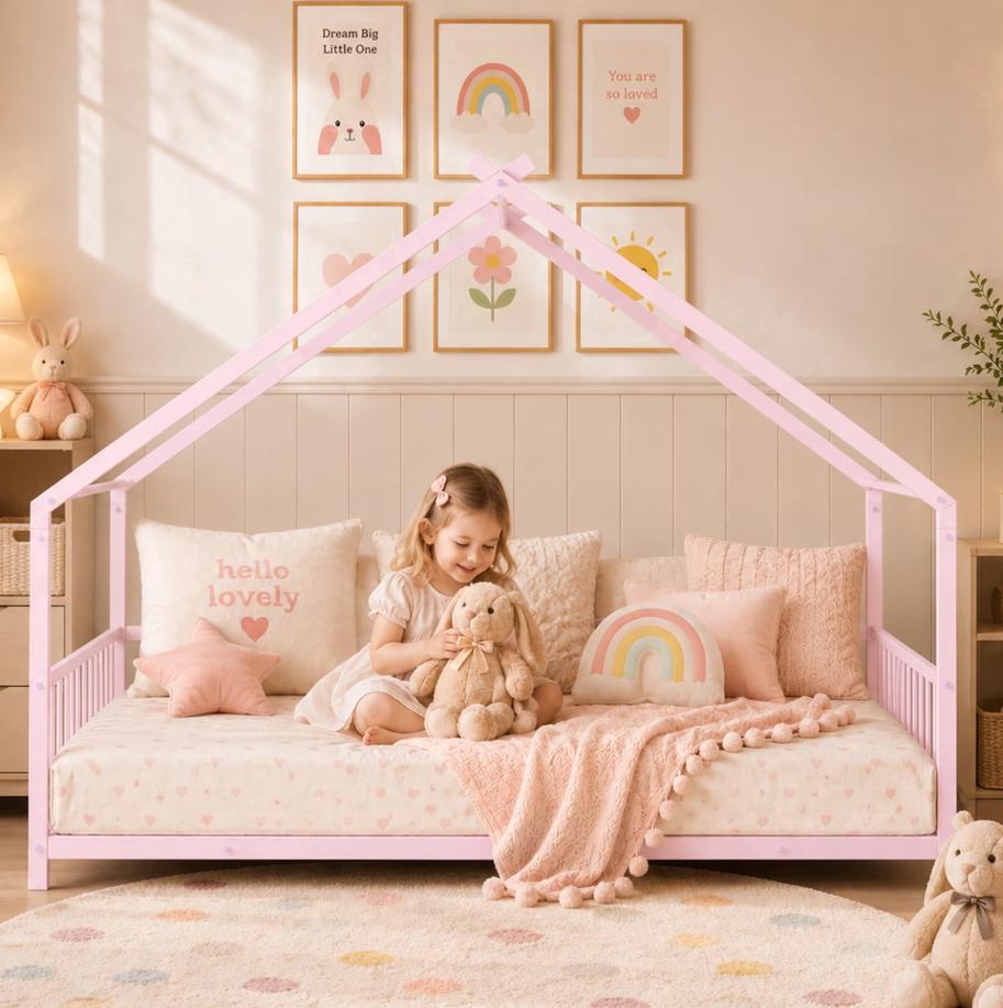 SESSLIFE Montessori Floor Bed, Twin Size Toddler Floor Bed with Roof and Guardrail, House-Shaped Design, No Box Spring Needed, Toddler Bed Frame for Kids, Black
