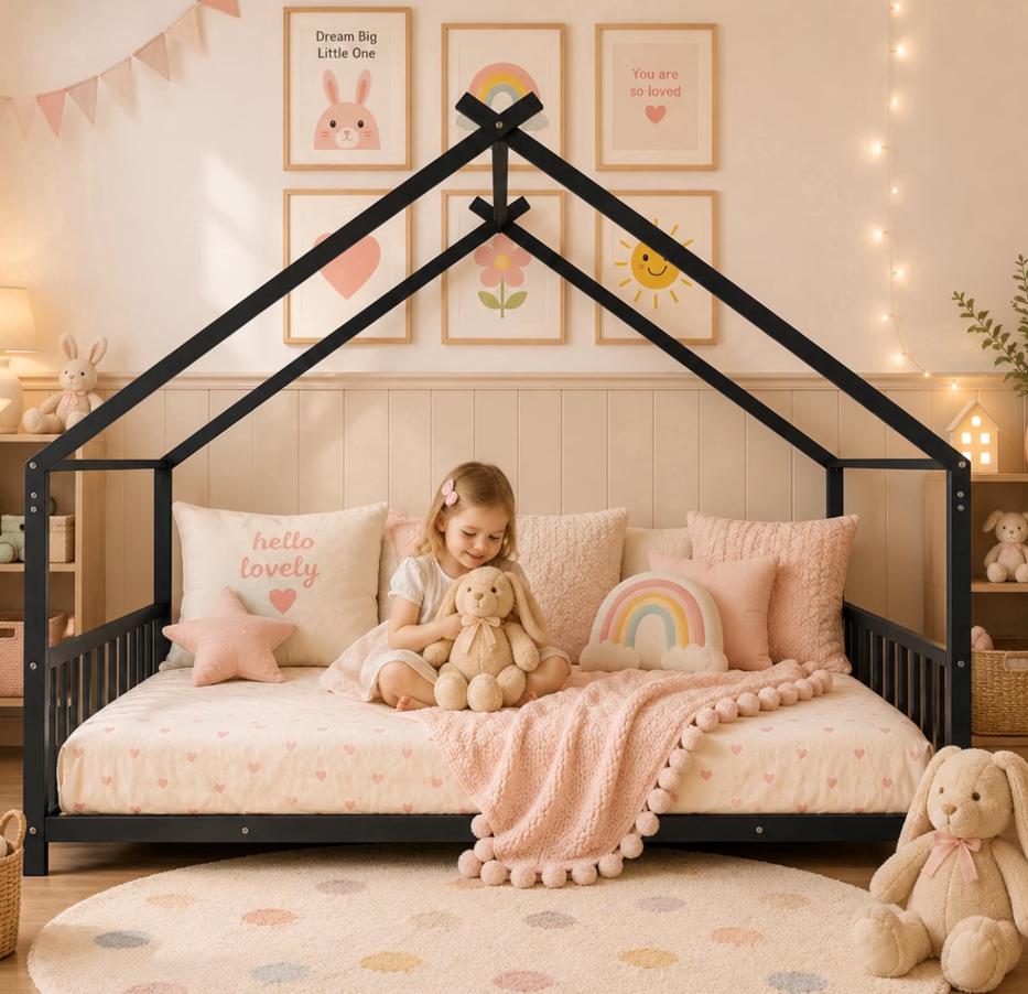 SESSLIFE Montessori Floor Bed, Twin Size Toddler Floor Bed with Roof and Guardrail, House-Shaped Design, No Box Spring Needed, Toddler Bed Frame for Kids, Black