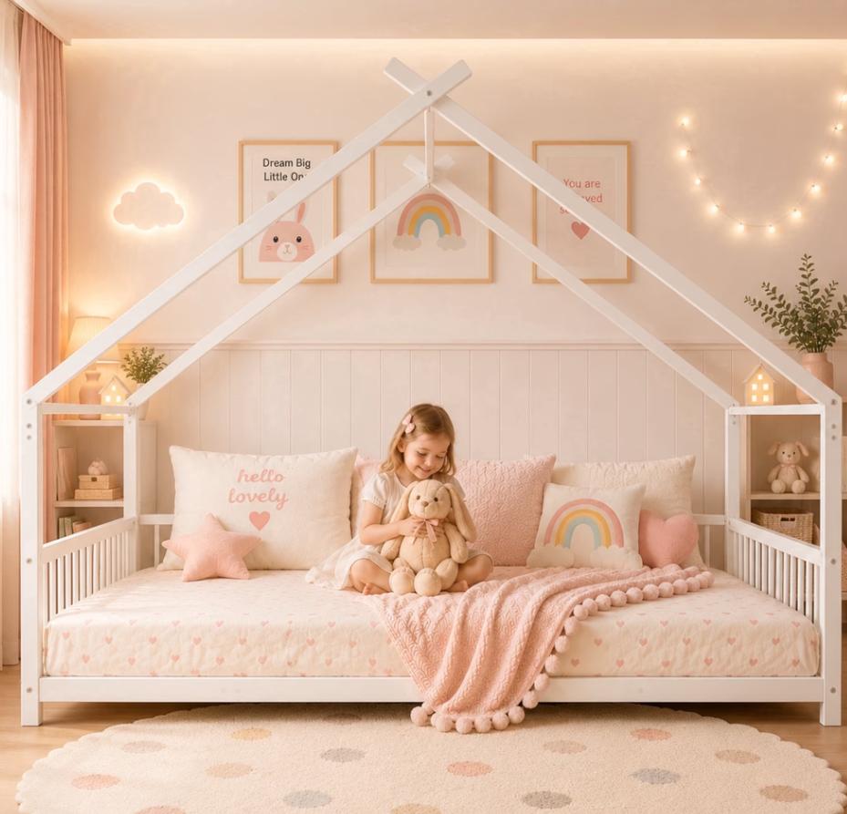 SESSLIFE Montessori Floor Bed, Twin Size Toddler Floor Bed with Roof and Guardrail, House-Shaped Design, No Box Spring Needed, Toddler Bed Frame for Kids, Black