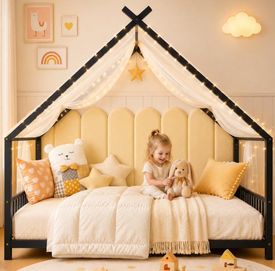 SESSLIFE Montessori Floor Bed, Twin Size Toddler Floor Bed with Roof and Guardrail, House-Shaped Design, No Box Spring Needed, Toddler Bed Frame for Kids, Black
