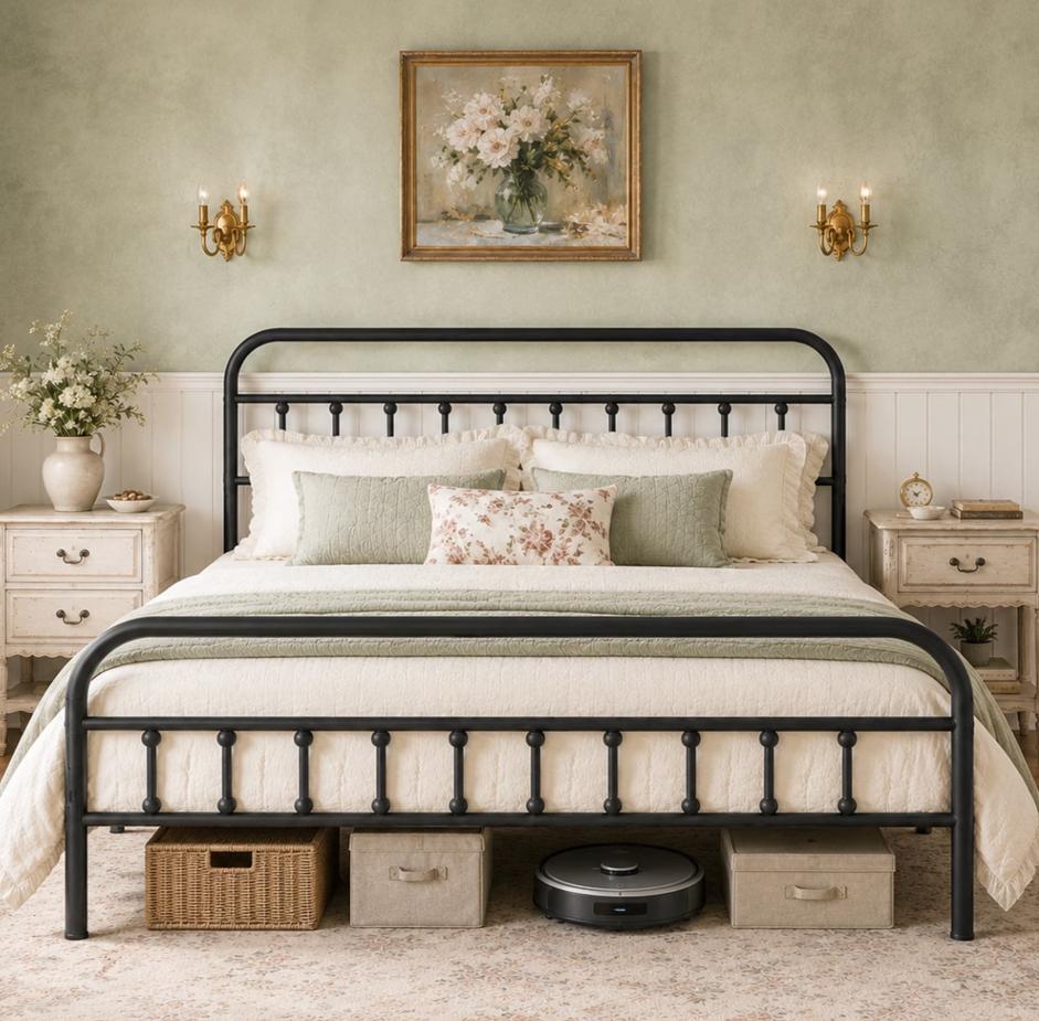 SESSLIFE King Bed Frame with Headboard and Footboard, King Size Metal Platform Bed Frame, Victorian Style Metal Bed Frame King, Noise Free, No Box Spring Needed, Black