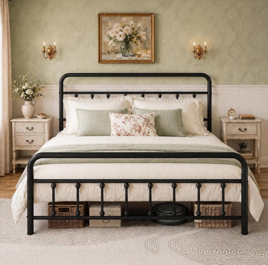 SESSLIFE King Bed Frame with Headboard and Footboard, King Size Metal Platform Bed Frame, Victorian Style Metal Bed Frame King, Noise Free, No Box Spring Needed, Black