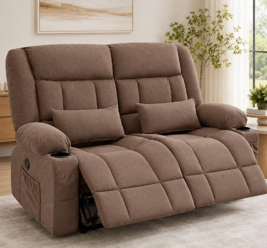 SESSLIFE Manual Recliner Loveseat, Soft Fabric Overstuffed Reclining Loveseat Sofa with Side Pockets and Cup Holders, Modern Recliner Chair for Living Room, Gray