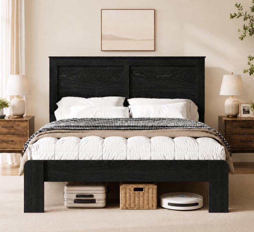 SESSLIFE Full Size Bed Frame with Headboard, Rustic Wood and Metal Platform Bed, Farmhouse Full Bed Frame with Under Bed Storage, No Box Spring Needed, Black