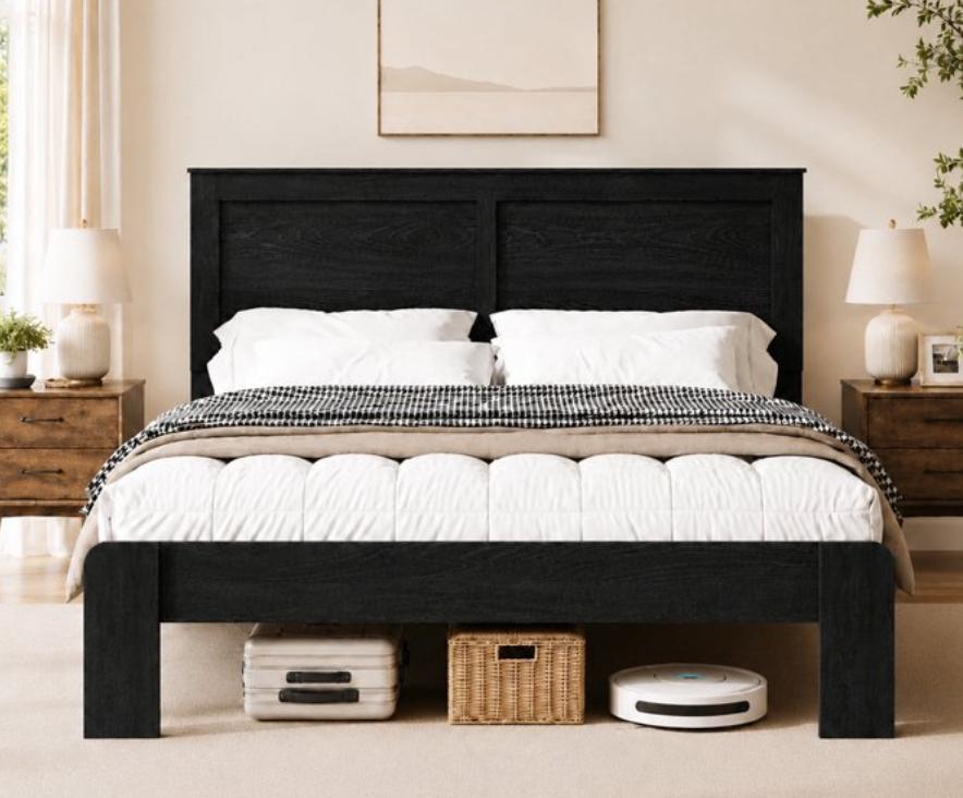 SESSLIFE Full Size Bed Frame with Headboard, Rustic Wood and Metal Platform Bed, Farmhouse Full Bed Frame with Under Bed Storage, No Box Spring Needed, Black
