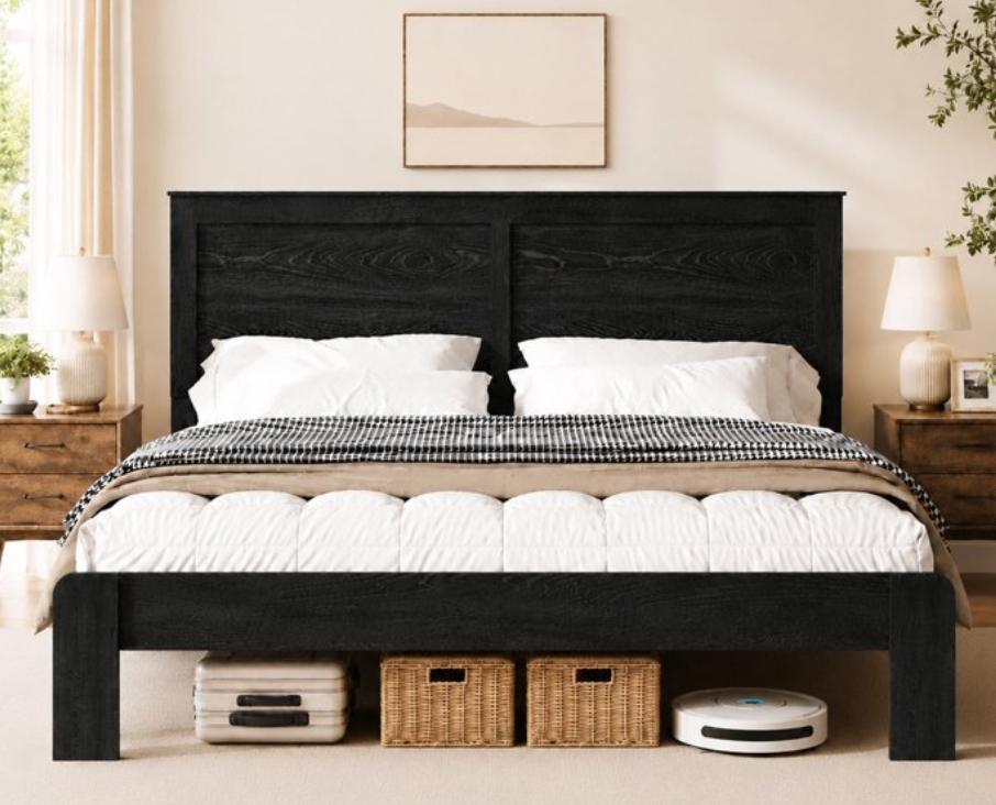 SESSLIFE Full Size Bed Frame with Headboard, Rustic Wood and Metal Platform Bed, Farmhouse Full Bed Frame with Under Bed Storage, No Box Spring Needed, Black