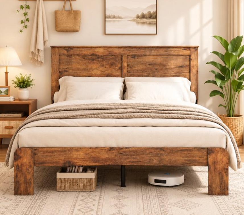 SESSLIFE Full Size Bed Frame with Headboard, Rustic Wood and Metal Platform Bed, Farmhouse Full Bed Frame with Under Bed Storage, No Box Spring Needed, Black
