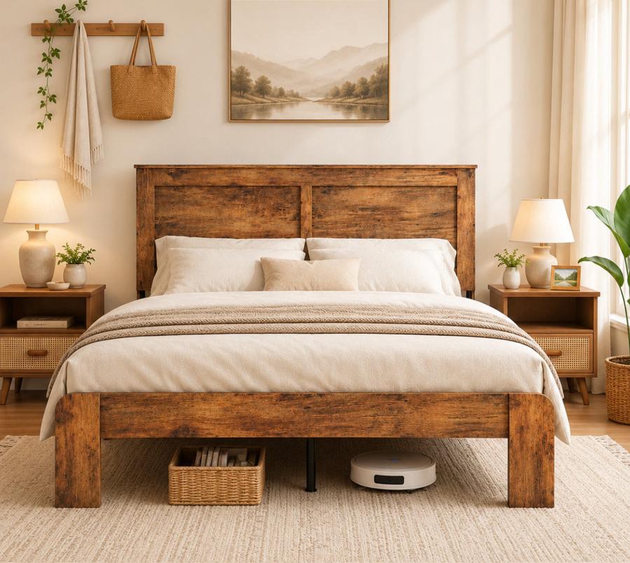 SESSLIFE Full Size Bed Frame with Headboard, Rustic Wood and Metal Platform Bed, Farmhouse Full Bed Frame with Under Bed Storage, No Box Spring Needed, Black