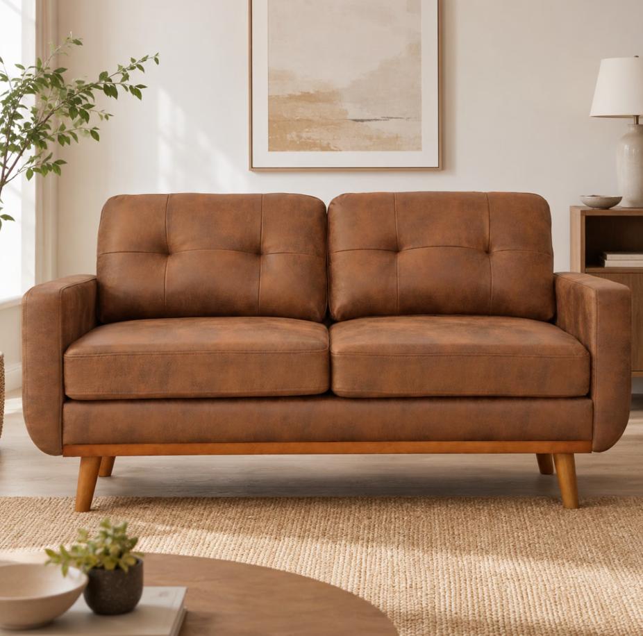SESSLIFE 65" Loveseat Sofa, Mid Century Modern 2 Seater Loveseat Couch with Foil Fabric, Small Couch with Solid Wood Legs for Living Room, Bedroom, Apartment, Brown