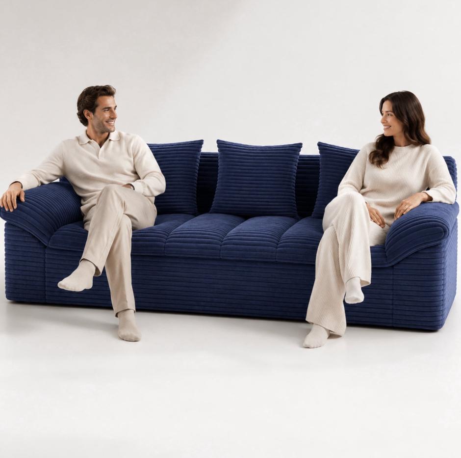 SESSLIFE 3 Seater Sofa Couch, Corduroy Boneless Couch with 3 Pillows, No Assembly Floor Sofa for Living Room, Apartment and Bedroom, Blue