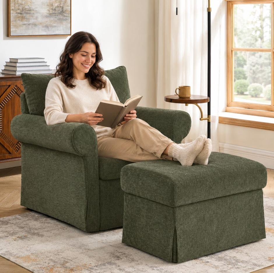 SESSLIFE Accent Chair with Ottoman, 37.5" W Chenille Upholstered Lounge Chair with Movable Ottoman Set, Comfy Reading Armchair for Living Room Bedroom, Green