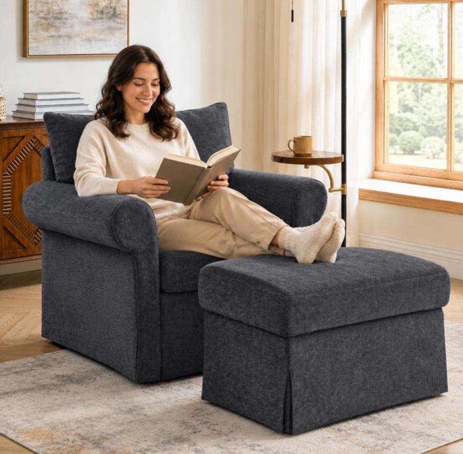 SESSLIFE Accent Chair with Ottoman, 37.5" W Chenille Upholstered Lounge Chair with Movable Ottoman Set, Comfy Reading Armchair for Living Room Bedroom, Green