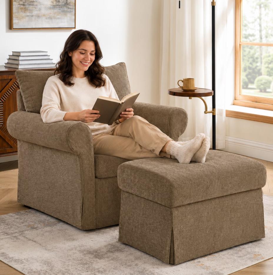 SESSLIFE Accent Chair with Ottoman, 37.5" W Chenille Upholstered Lounge Chair with Movable Ottoman Set, Comfy Reading Armchair for Living Room Bedroom, Green