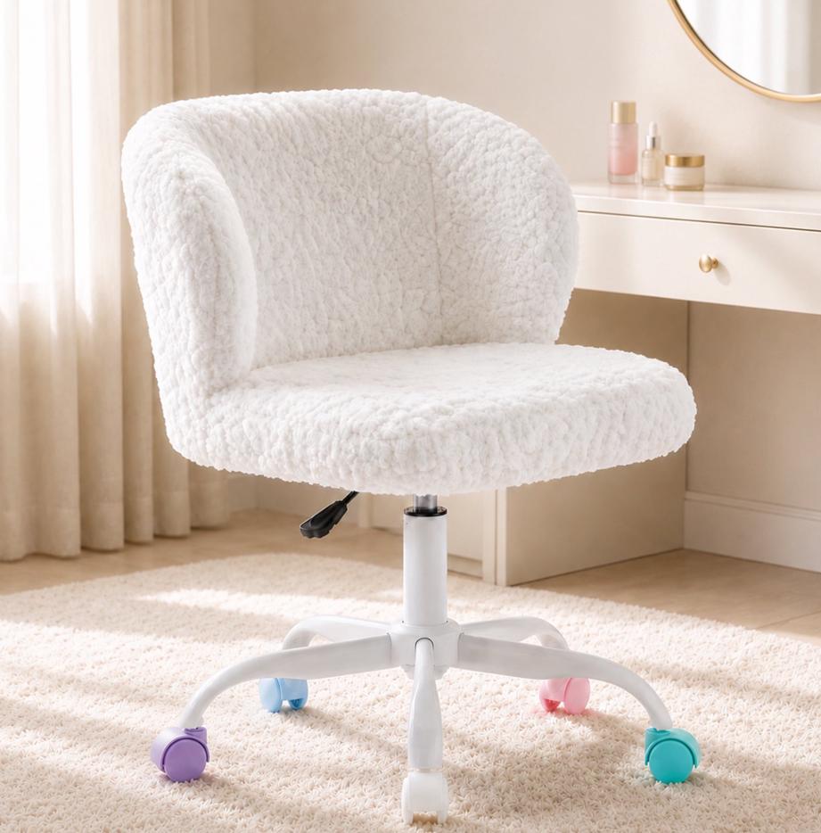 SESSLIFE Vanity Chair with Back, Faux Fur White Desk Chair with Colorful Wheels, Height Adjustable 360° Swivel Office Chair with White Base, for Bedroom