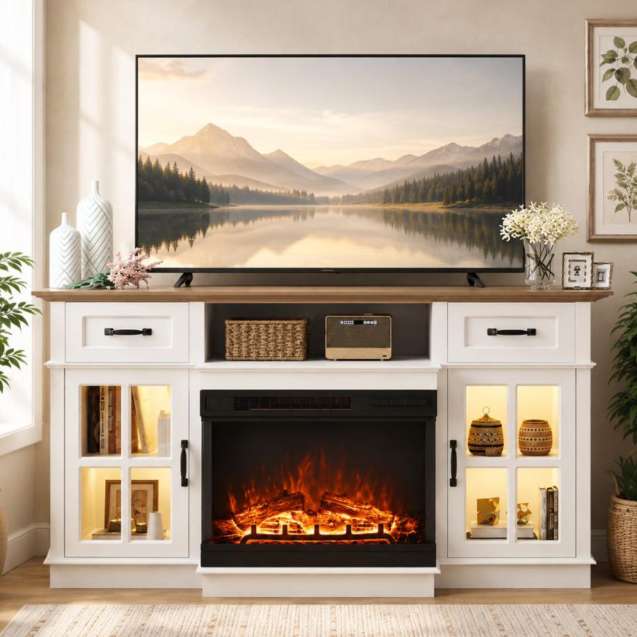 SESSLIFE 58" Fireplace TV Stand, Modern Entertainment Center with 25" Fireplace, TV Console with Storage Drawers & Cabinets, Media Console for Living Room, White