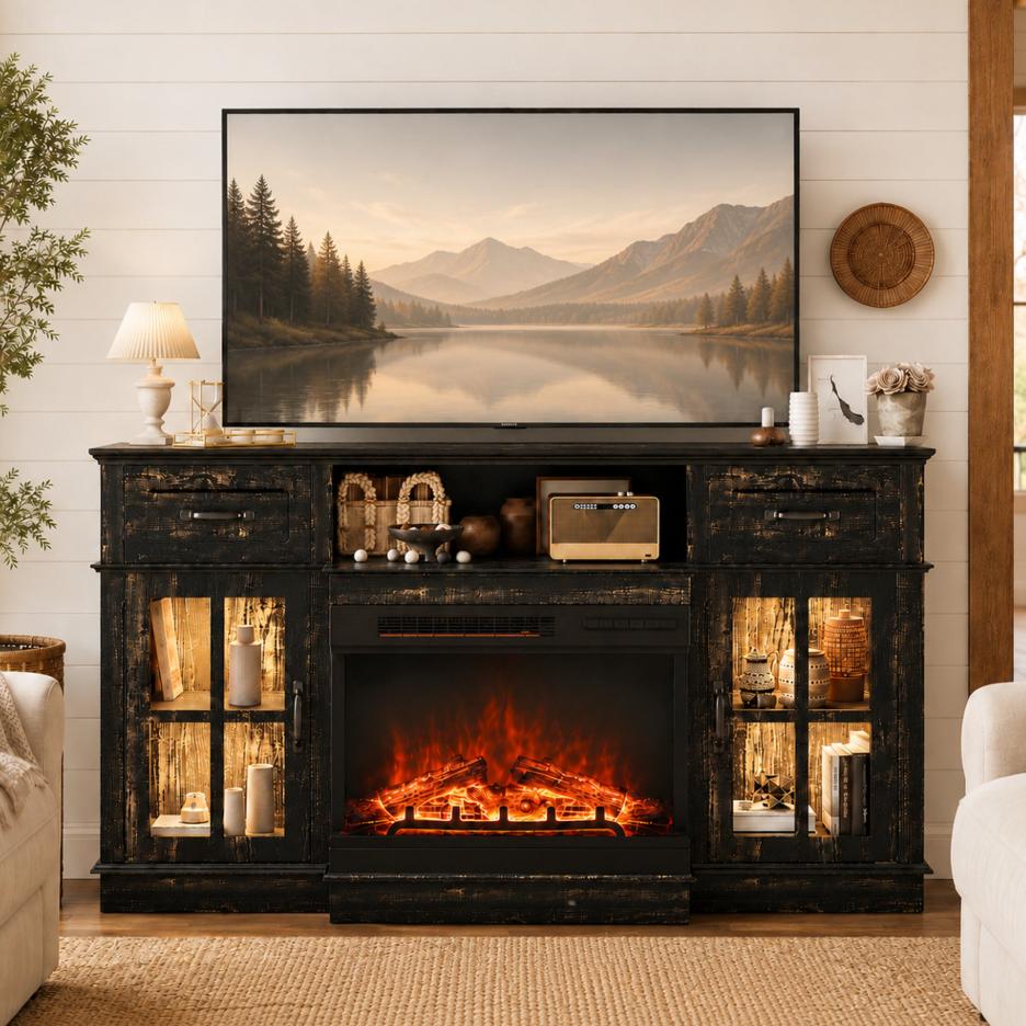 SESSLIFE 58" Fireplace TV Stand, Modern Entertainment Center with 25" Fireplace, TV Console with Storage Drawers & Cabinets, Media Console for Living Room, White