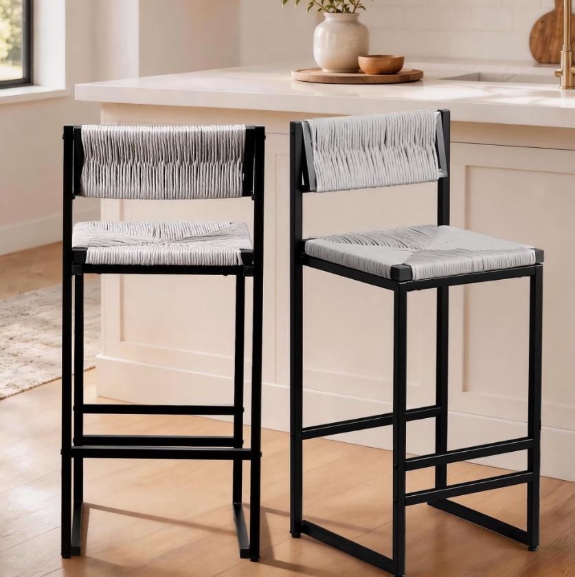 SESSLIFE Bar Stools Set of 2, Counter Height Bar Stools with Paper Rope Weave & Metal Legs, Barstools with Back, Bar Chairs for Kitchen Island, Gray