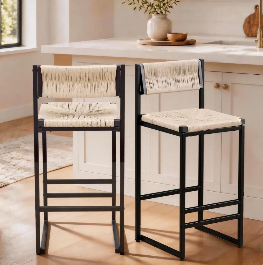 SESSLIFE Bar Stools Set of 2, Counter Height Bar Stools with Paper Rope Weave & Metal Legs, Barstools with Back, Bar Chairs for Kitchen Island, Gray
