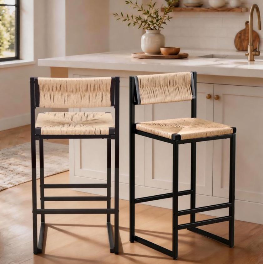 SESSLIFE Bar Stools Set of 2, Counter Height Bar Stools with Paper Rope Weave & Metal Legs, Barstools with Back, Bar Chairs for Kitchen Island, Gray