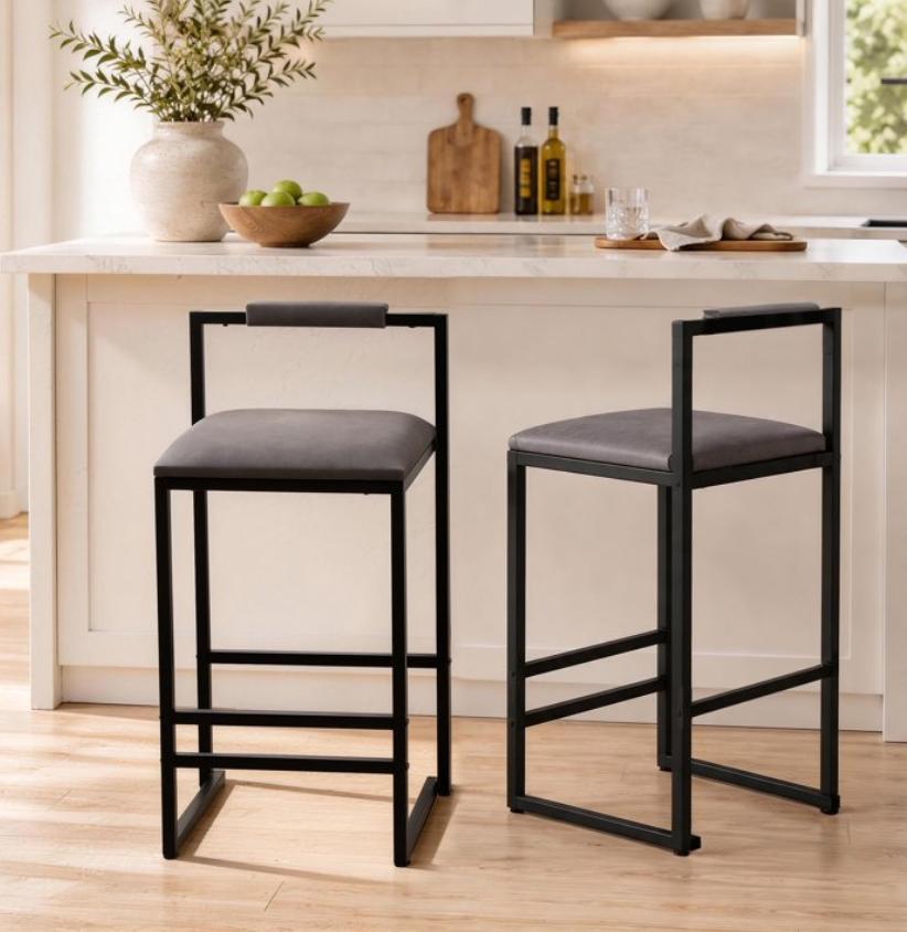 SESSLIFE Bar Stools Set of 2, Counter Height Bar Stools with Paper Rope Weave & Metal Legs, Barstools with Back, Bar Chairs for Kitchen Island, Gray