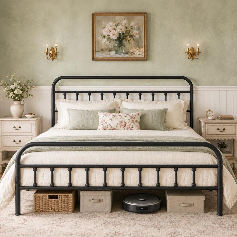 SESSLIFE King Size Bed Frame with Headboard and Footboard, Victorian Style Metal Platform Bed Frame with 14" Under Bed Storage, 800 lbs Support, No Box Spring Needed, Black