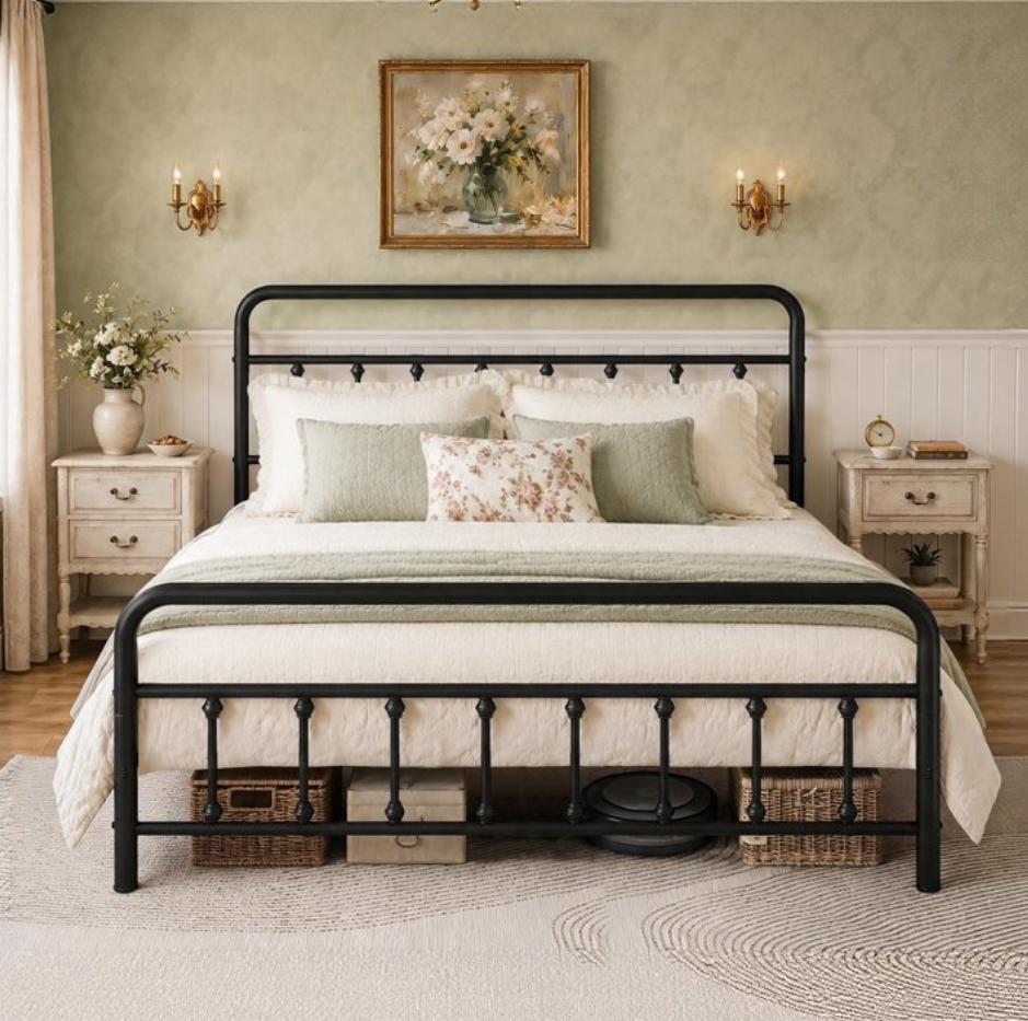 SESSLIFE King Size Bed Frame with Headboard and Footboard, Victorian Style Metal Platform Bed Frame with 14" Under Bed Storage, 800 lbs Support, No Box Spring Needed, Black