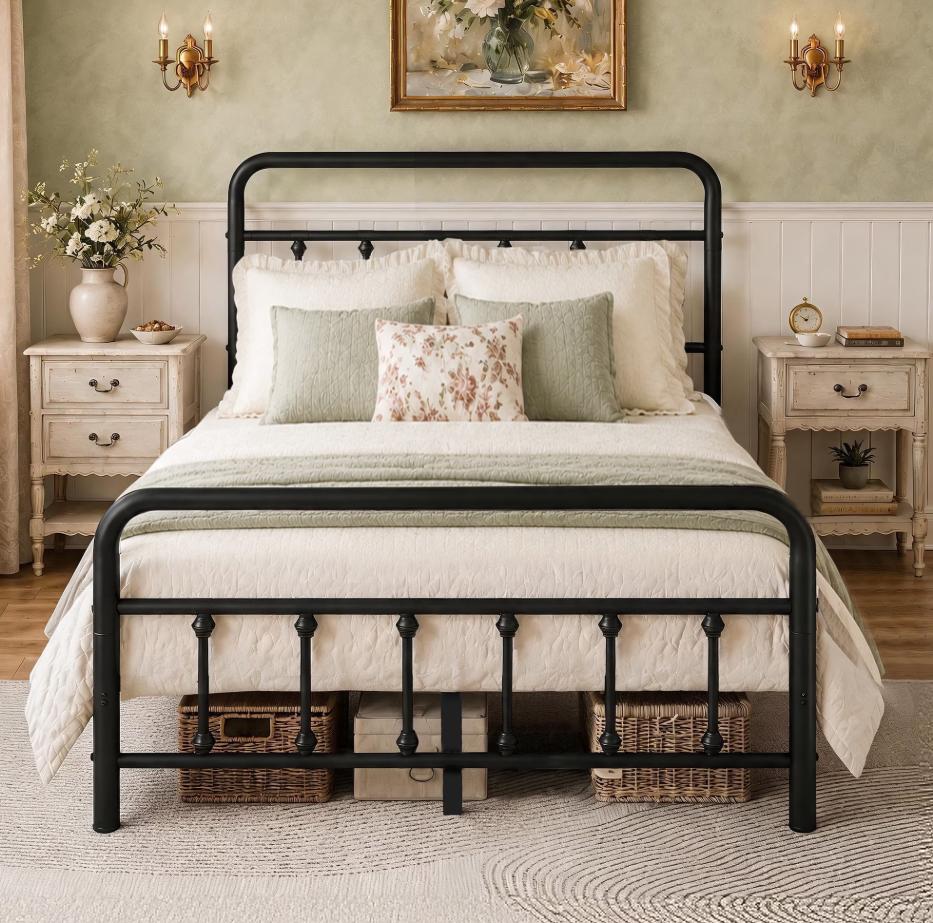 SESSLIFE King Size Bed Frame with Headboard and Footboard, Victorian Style Metal Platform Bed Frame with 14" Under Bed Storage, 800 lbs Support, No Box Spring Needed, Black