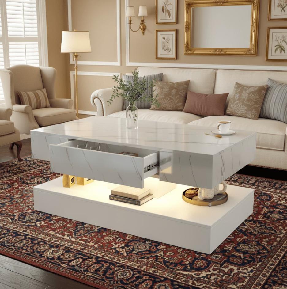 SESSLIFE White LED Coffee Table with 2 Storage Drawers, 39" Rectangular Center Table for Living Room Bedroom, Modern 2-Tier Coffee Tables w/Open Display Shelf, App/Remote Control