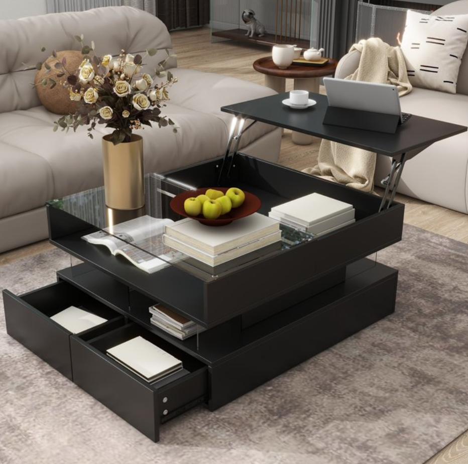 SESSLIFE White LED Coffee Table with 2 Storage Drawers, 39" Rectangular Center Table for Living Room Bedroom, Modern 2-Tier Coffee Tables w/Open Display Shelf, App/Remote Control