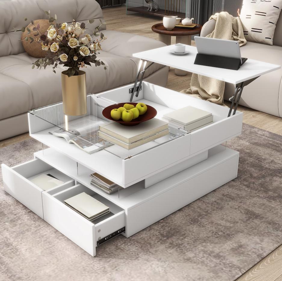 SESSLIFE White LED Coffee Table with 2 Storage Drawers, 39" Rectangular Center Table for Living Room Bedroom, Modern 2-Tier Coffee Tables w/Open Display Shelf, App/Remote Control