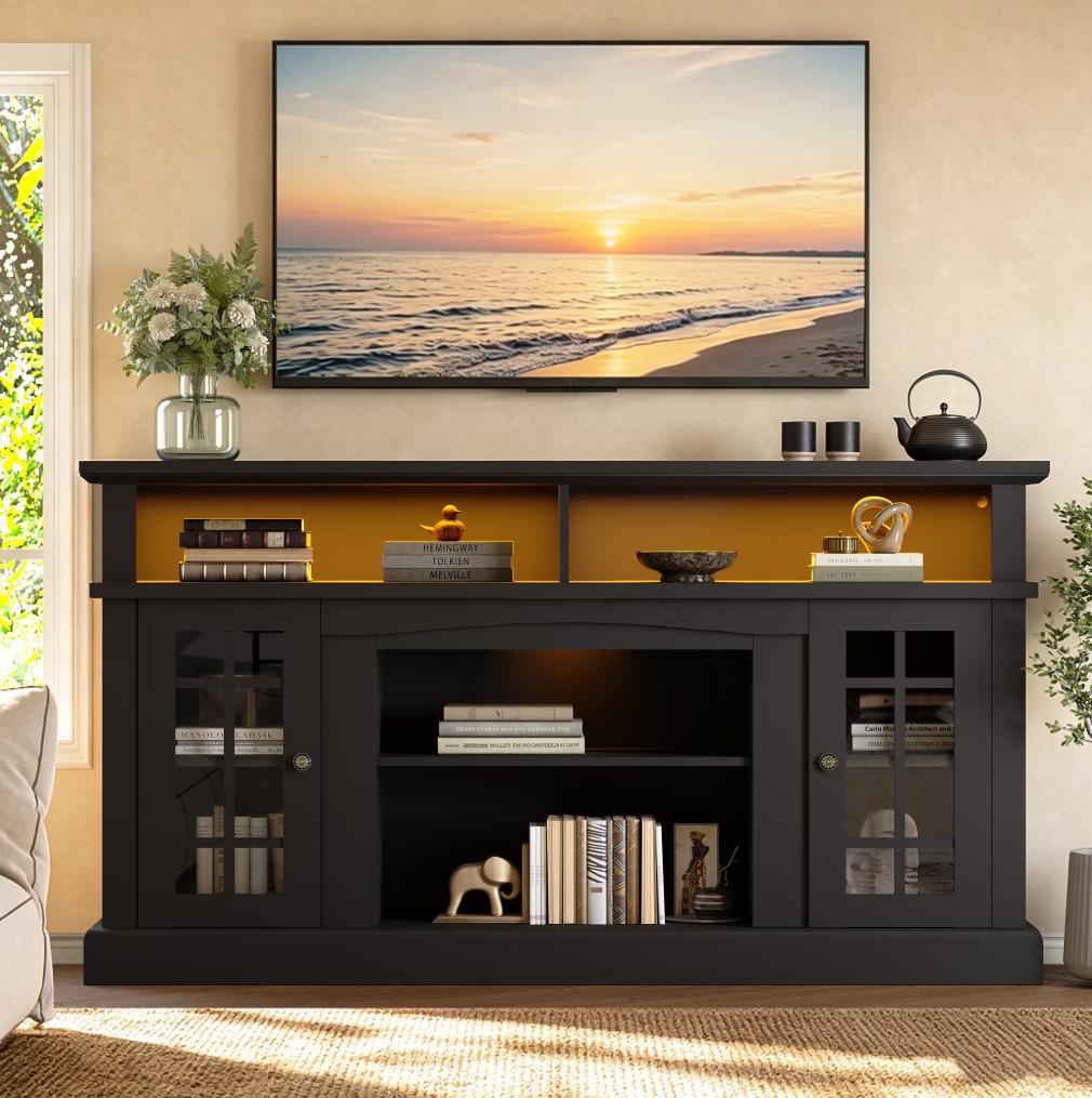 SESSLIFE 58" Farmhouse TV Stand for TVs up to 65", LED Entertainment Center with Glass Door Storage Cabinet & Adjustable Shelves, TV Console for Living Room, Black
