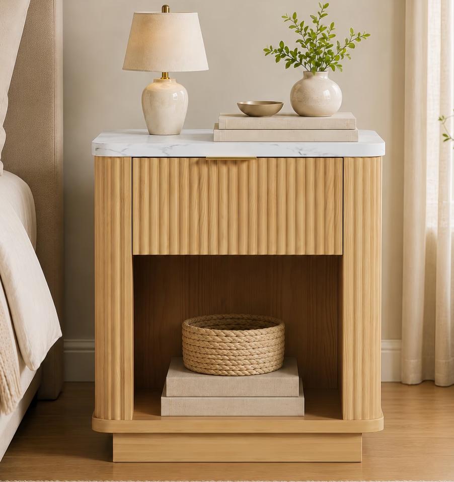 SESSLIFE Fluted Nightstand with Drawer, Faux Marble Top Bedside Table with Open Shelf, Modern End Table for Bedroom, Natural Oak