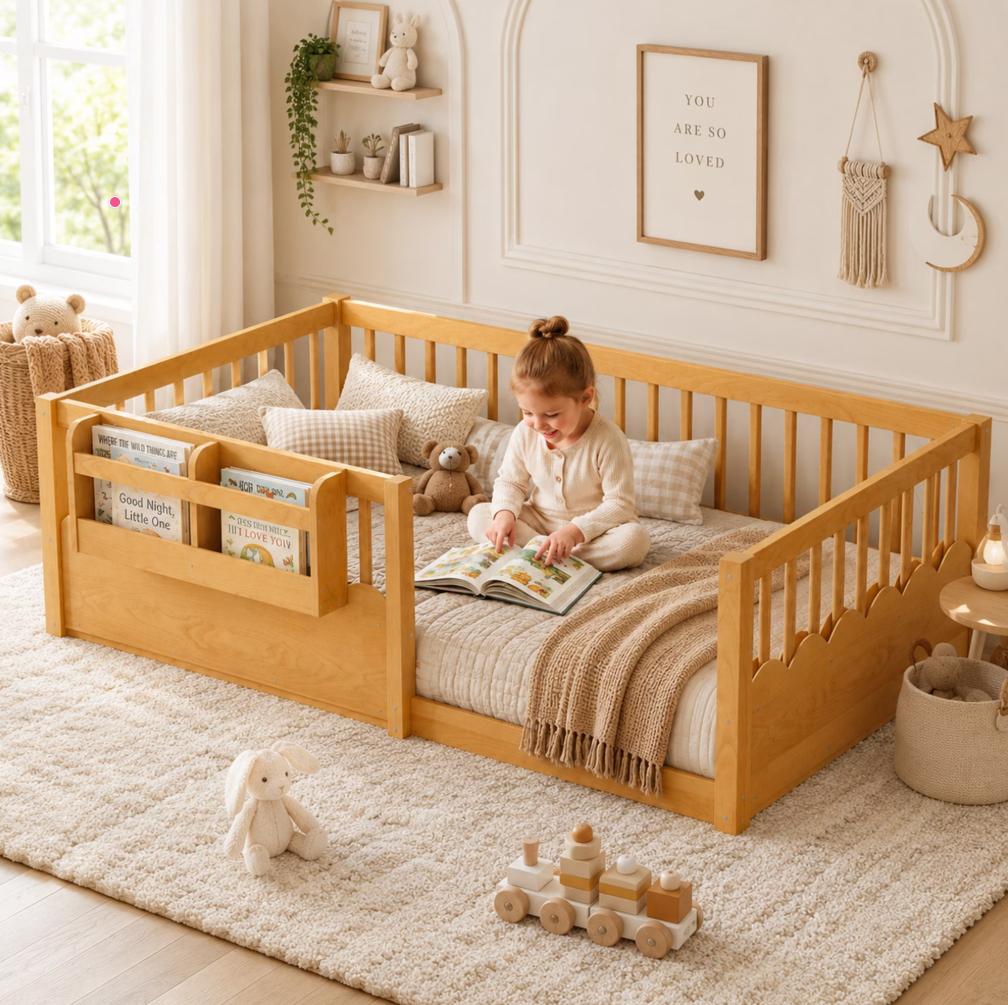 SESSLIFE Twin Floor Bed, Wooden Twin Size Montessori Floor Bed Frame with High Rails and Bookshelf, Easy Assemble Low Bed Frame for Girls and Boys, Natural