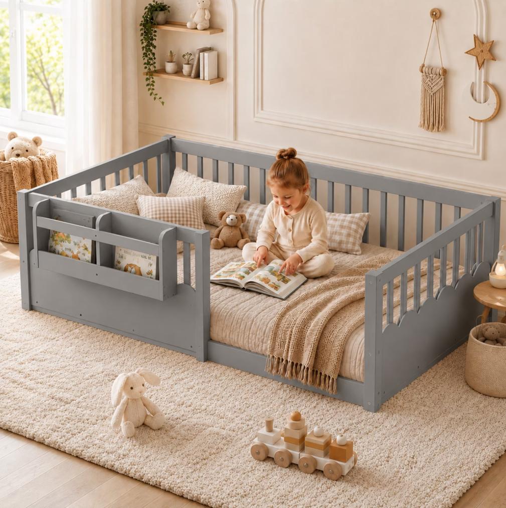 SESSLIFE Twin Floor Bed, Wooden Twin Size Montessori Floor Bed Frame with High Rails and Bookshelf, Easy Assemble Low Bed Frame for Girls and Boys, Natural