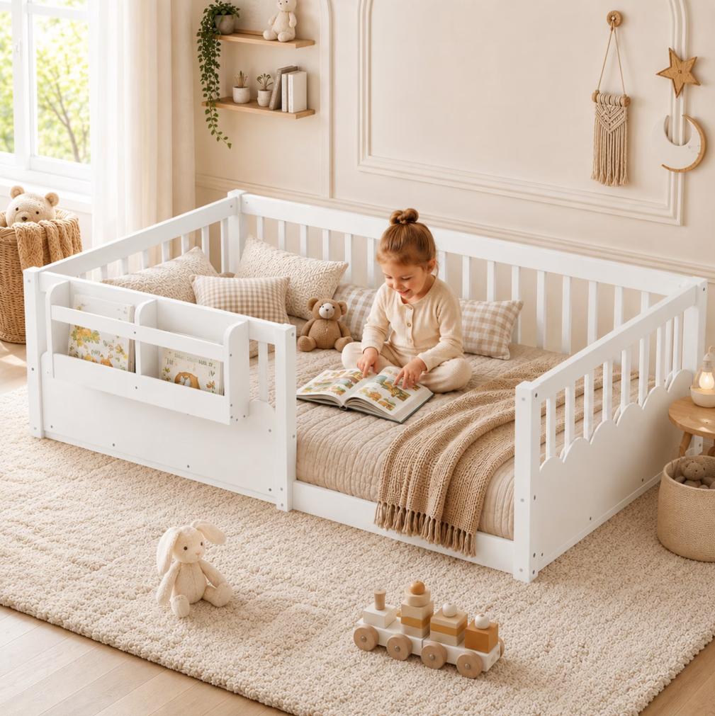 SESSLIFE Twin Floor Bed, Wooden Twin Size Montessori Floor Bed Frame with High Rails and Bookshelf, Easy Assemble Low Bed Frame for Girls and Boys, Natural