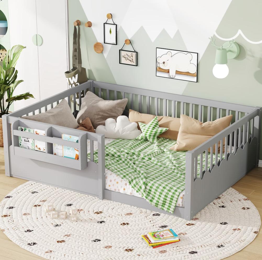 SESSLIFE Twin Floor Bed, Wooden Twin Size Montessori Floor Bed Frame with High Rails and Bookshelf, Easy Assemble Low Bed Frame for Girls and Boys, Natural