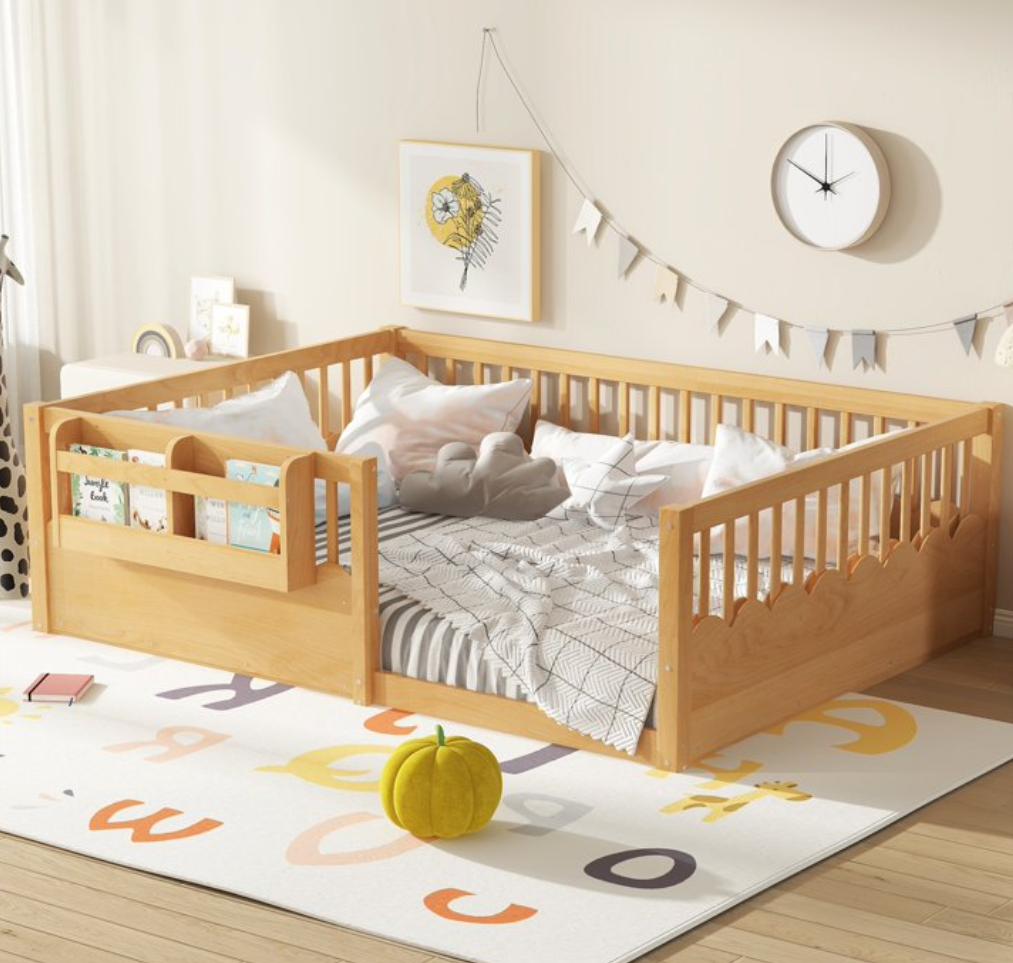 SESSLIFE Twin Floor Bed, Wooden Twin Size Montessori Floor Bed Frame with High Rails and Bookshelf, Easy Assemble Low Bed Frame for Girls and Boys, Natural