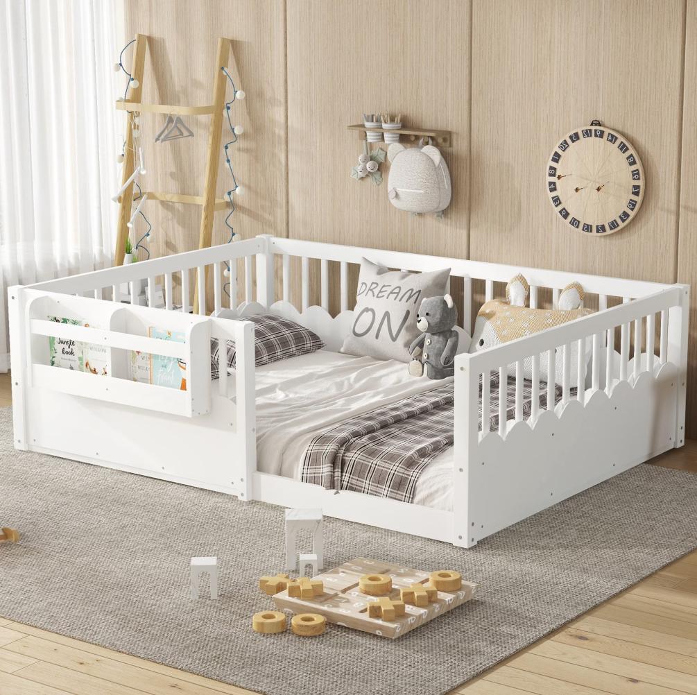 SESSLIFE Twin Floor Bed, Wooden Twin Size Montessori Floor Bed Frame with High Rails and Bookshelf, Easy Assemble Low Bed Frame for Girls and Boys, Natural