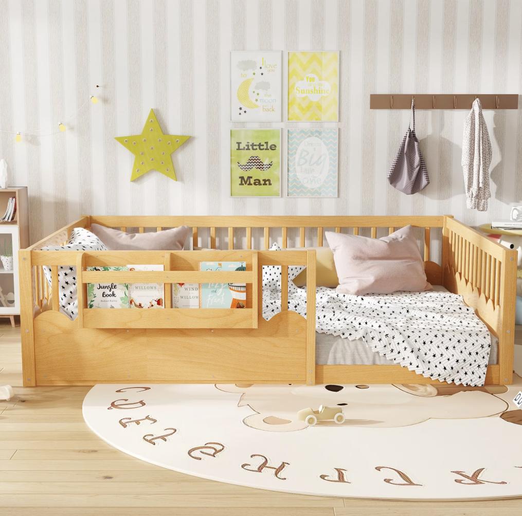 SESSLIFE Twin Floor Bed, Wooden Twin Size Montessori Floor Bed Frame with High Rails and Bookshelf, Easy Assemble Low Bed Frame for Girls and Boys, Natural