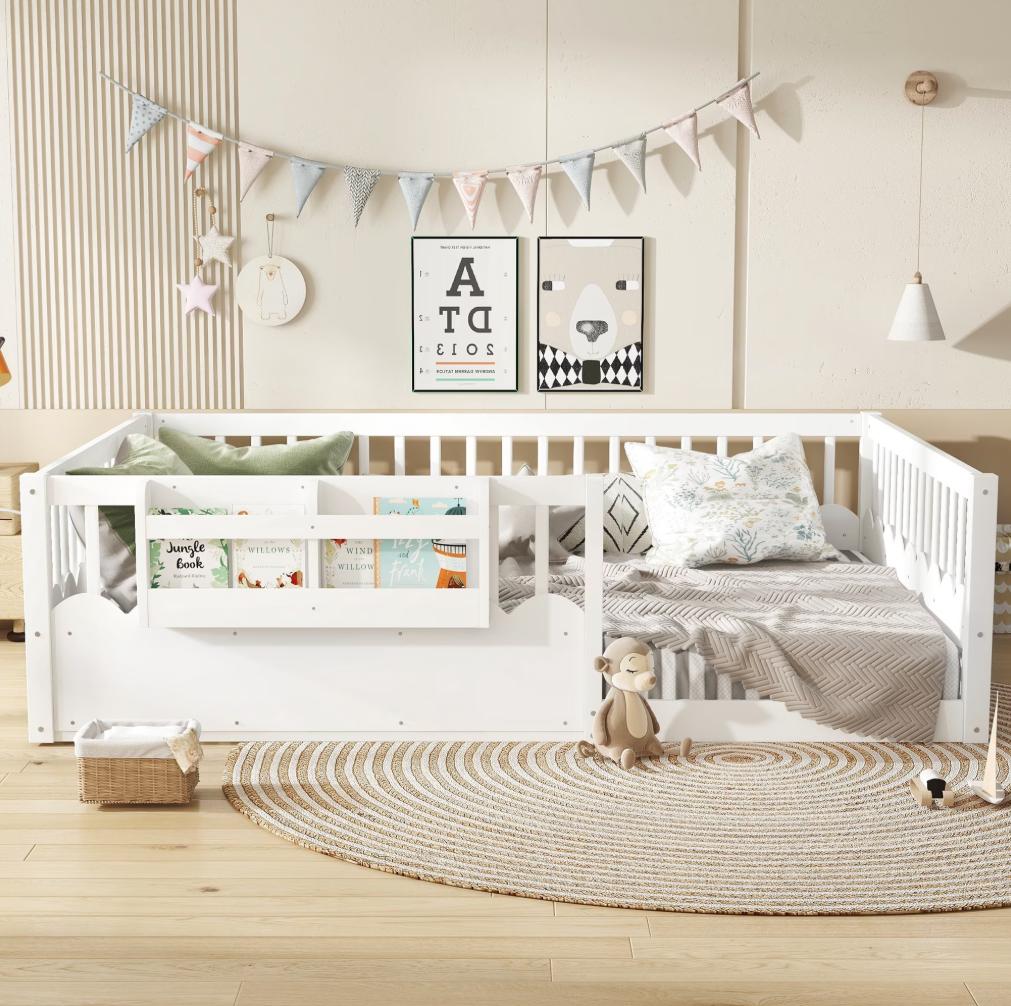 SESSLIFE Twin Floor Bed, Wooden Twin Size Montessori Floor Bed Frame with High Rails and Bookshelf, Easy Assemble Low Bed Frame for Girls and Boys, Natural