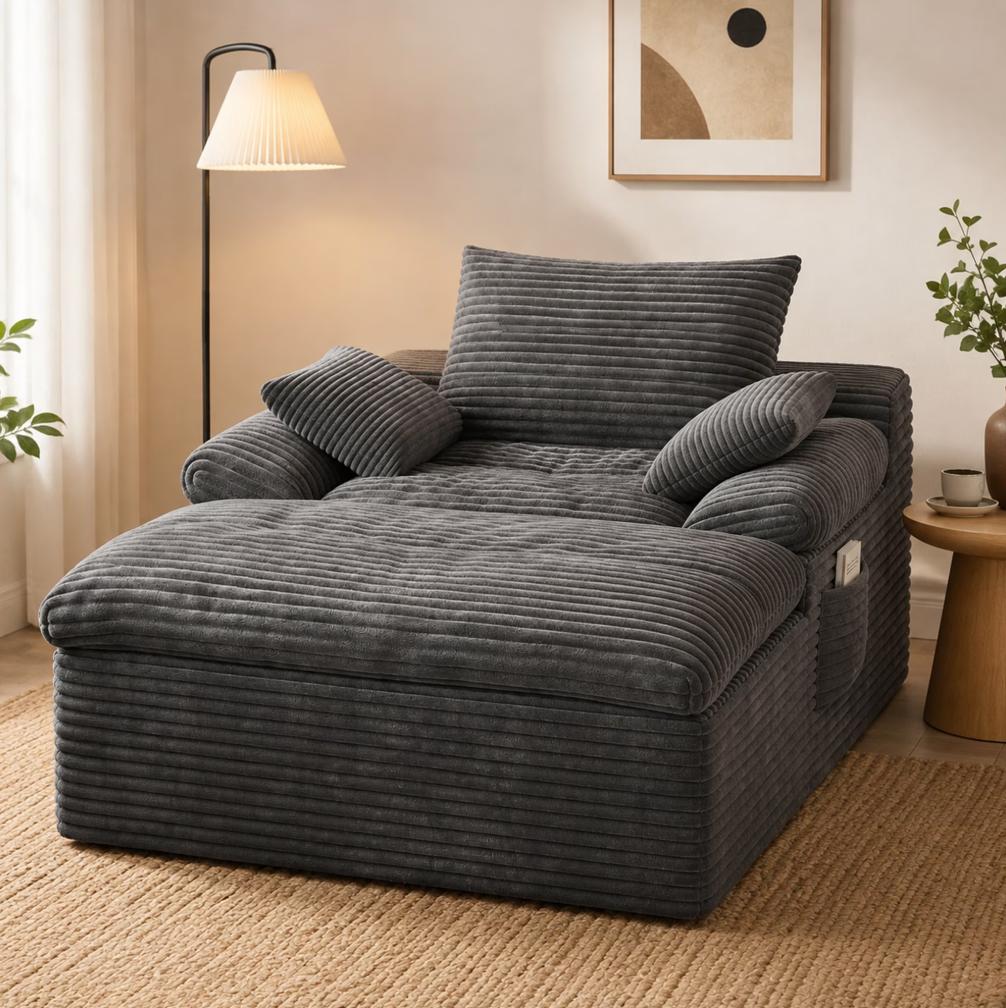 SESSLIFE 65" Oversized Chaise Lounge Chair Indoor, Corduroy Boneless Sofa Bed with Wide Armrest 3 Pillows, Upholstered Cloud Sofa Couches for Living Room, No Assembly Require, Dark Gray
