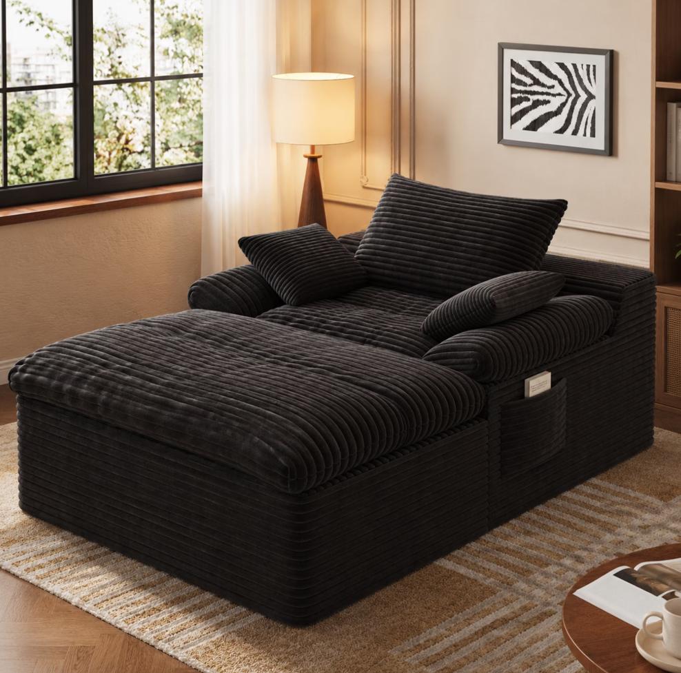 SESSLIFE 65" Oversized Chaise Lounge Chair Indoor, Corduroy Boneless Sofa Bed with Wide Armrest 3 Pillows, Upholstered Cloud Sofa Couches for Living Room, No Assembly Require, Dark Gray
