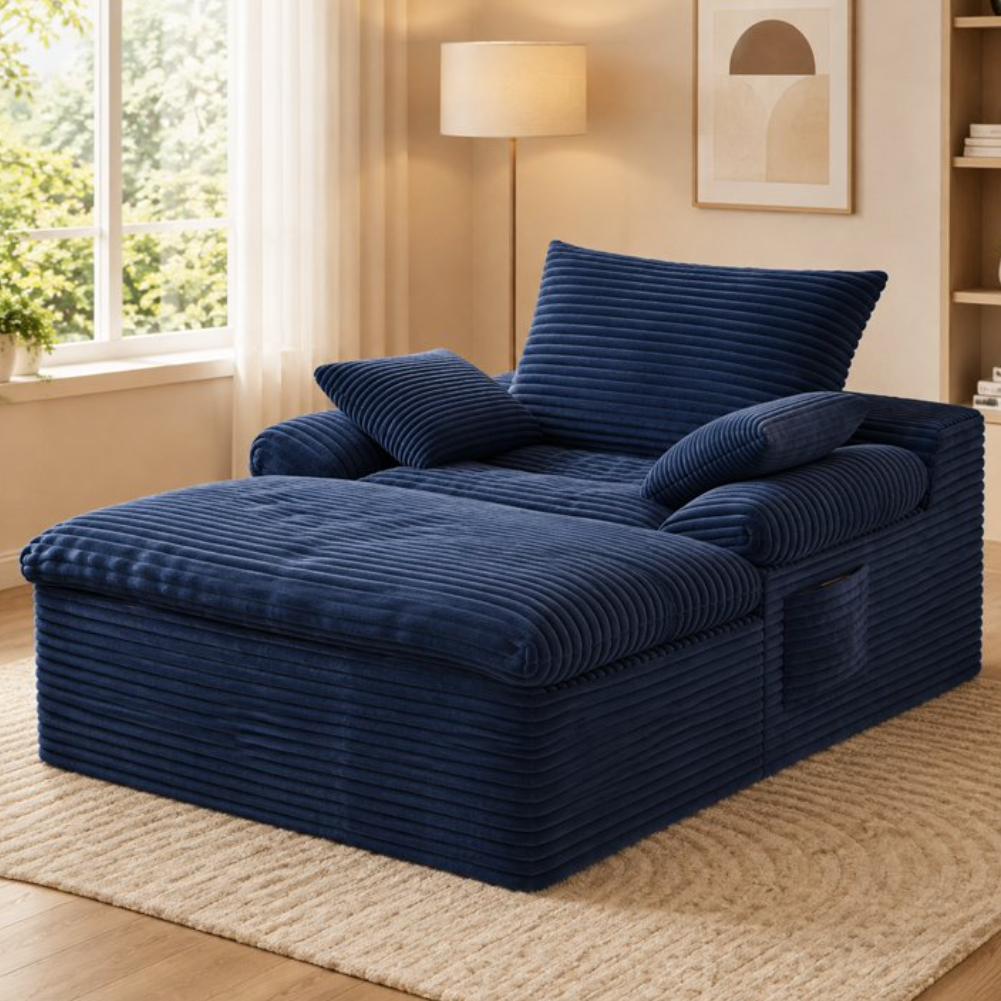 SESSLIFE 65" Oversized Chaise Lounge Chair Indoor, Corduroy Boneless Sofa Bed with Wide Armrest 3 Pillows, Upholstered Cloud Sofa Couches for Living Room, No Assembly Require, Dark Gray