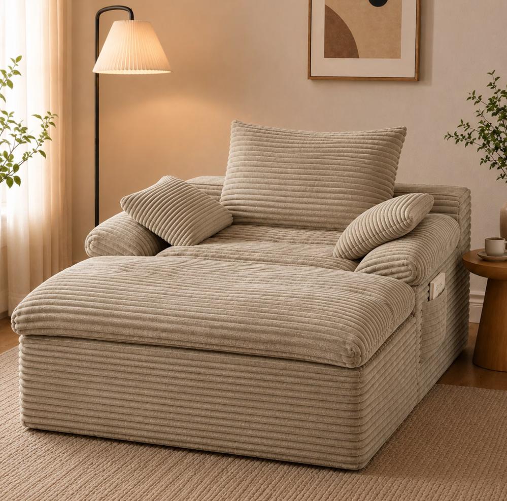 SESSLIFE 65" Oversized Chaise Lounge Chair Indoor, Corduroy Boneless Sofa Bed with Wide Armrest 3 Pillows, Upholstered Cloud Sofa Couches for Living Room, No Assembly Require, Dark Gray