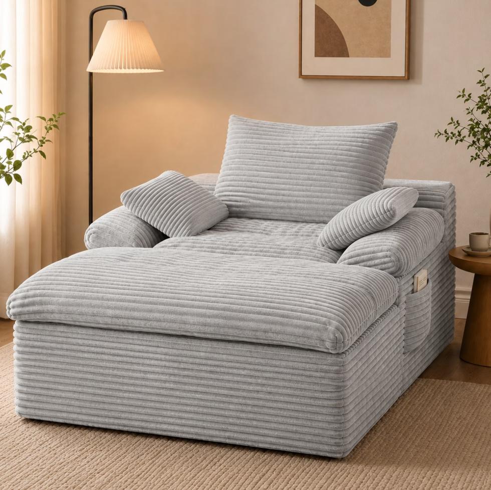 SESSLIFE 65" Oversized Chaise Lounge Chair Indoor, Corduroy Boneless Sofa Bed with Wide Armrest 3 Pillows, Upholstered Cloud Sofa Couches for Living Room, No Assembly Require, Dark Gray
